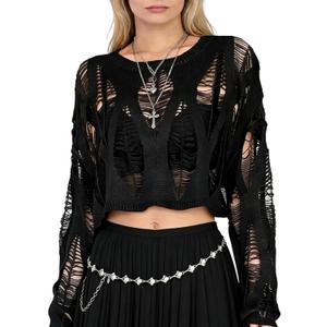 Goth Y2K Striped Sweater Grunge Ripped Punk Gothic Sweaters for Women Harajuku Aesthetic Halloween Pullover Tops (Black), One Size