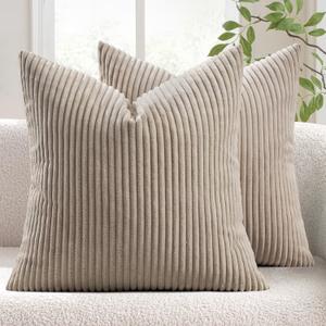 MIULEE Winter Pack of 2 Corduroy Pillow Covers Soft Soild Cushion Cases Decorative Square Throw Pillow Covers Light Brown Pillowcases for Sofa Bedroom Car 20 x 20 Inch 50 x 50 Cm