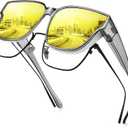 URUMQI Night Vision Glasses Fit Over Eyeglasses for Women Men, Anti Glare Polarized NightTime Glasses Oversized Yellow Lens (02 Transparent Grey Frame/Night Vision Lens)