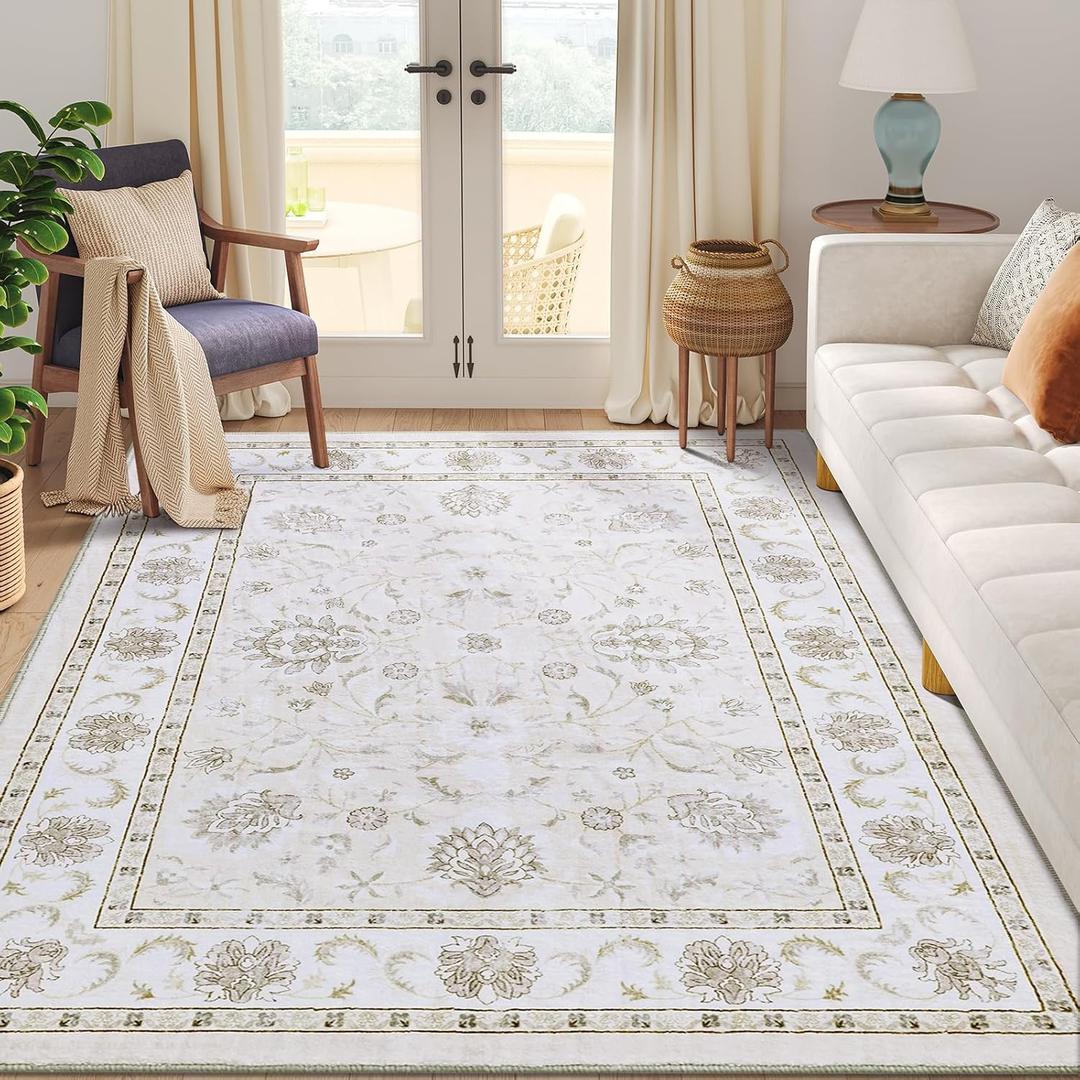 Smiry Floral Area Rug, 5x7 Vintage Print Pattern, Machine Washable Non-Slip Floor Carpet, Low Pile Throw Rugs for Living Room, Bedroom, Dining Room, Laundry Indoor Home Decor, Beige