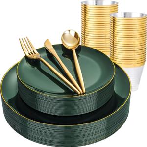 bUCLA 150PCS Green Plastic Plates - Green and Gold Disposable Include 25 Each (Dinner & Dessert) Plates, 25 Knives, 25 Forks, 25 Spoons and 25 Cups, Ideal for Party&Christmas