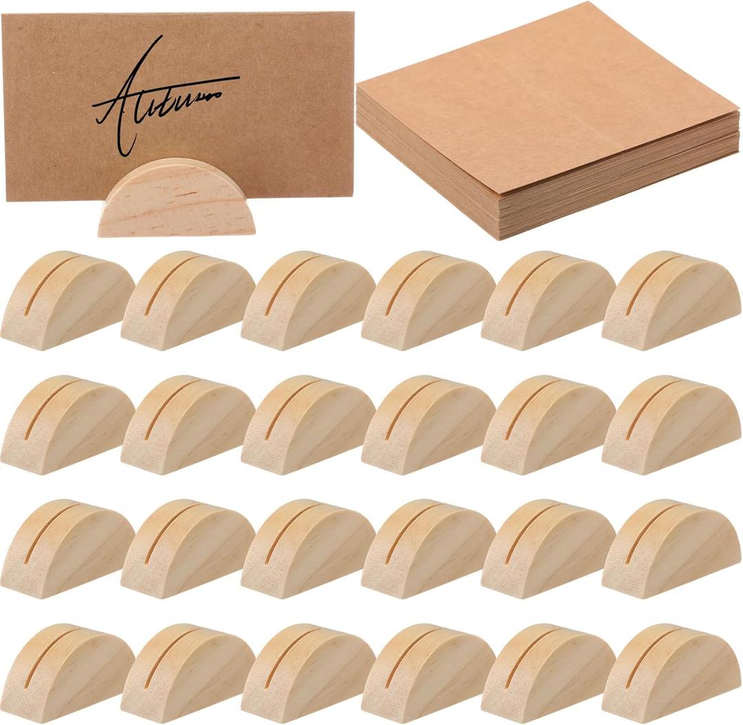 Colingmill 24 Pcs Wooden Table Number Stands Wedding Table Name Holder Semicircular Design Place Card Holders with 24 Pcs Tented Cards for Retail Shop Wedding Party Events Decoration (Wood Color)