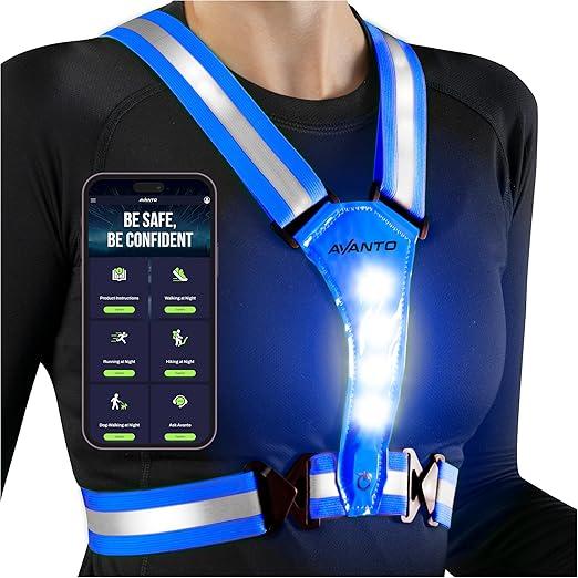 AVANTO LED Reflective Vest, Original, USB-C Rechargeable Running Reflective Gear, Running Lights for Runners, High Visibility Gear, Dog Walking Safety Vests, Blue