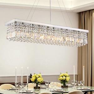 Modern Crystal Chandeliers for Dining Room Light Fixture, 10-Light Rectangle Chandelier for Kitchen Island Living Room, L47.2 Inch, Chrome Finish, L47.2"XW10"XH10"