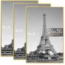 upsimples 24x36 Poster Frame Gold 3 Pack, Scratch-Proof Picture Frames 24 x 36 for Photo Gallery - Slide-In Strips, Horizontal or Vertical Wall Mounting