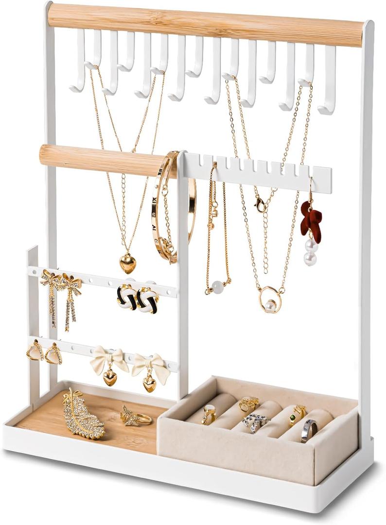 DreamGenius Jewelry Organizer Stand with Velvet Ring Holder, 4 Tier Jewelry Holder Organizer with 15 Hooks for Necklaces and 16 Holes for Earrings, White (Medium)