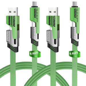 2Pack 4 in 1 Fast Charging Cable, Transferring Data, 6.65 Ft, Braided Cable 65W, USB C USB A and IP, Multiple Charging Cable Compatible with iPhone 17/16/15/14/13/12/11/X/9/8, Pad/More (Green)