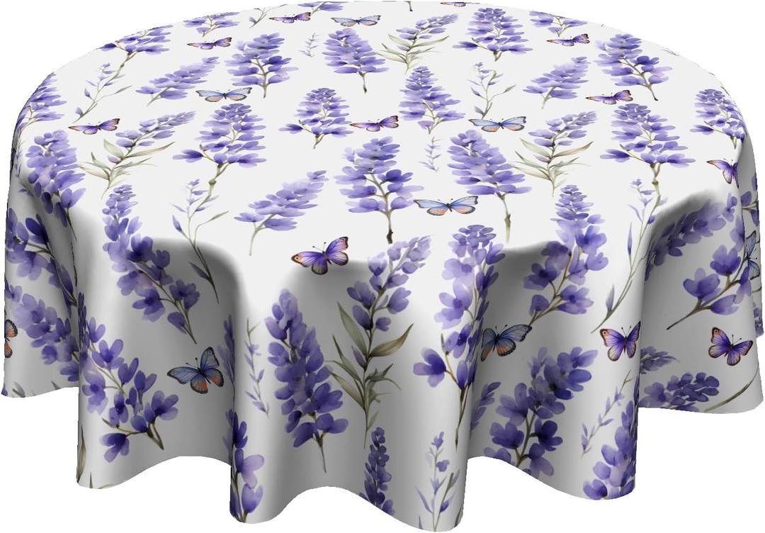 Lavender Round Tablecloth 60 Inch - Floral Butterfly Table Cloth Spring Summer Flowers Tablecloths Botanical Butterflies Table Cover for Kitchen Dining Indoor Outdoor