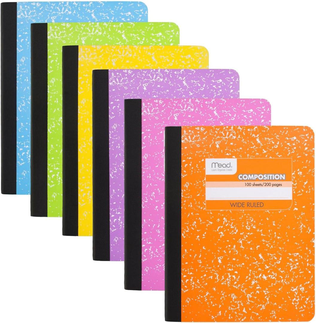 Mead Composition Notebook, 6 Pack, Wide Ruled Paper, 7-1/2" x 9-3/4", 100 Sheets per Comp Book, Assorted Colors (950054-ECM)