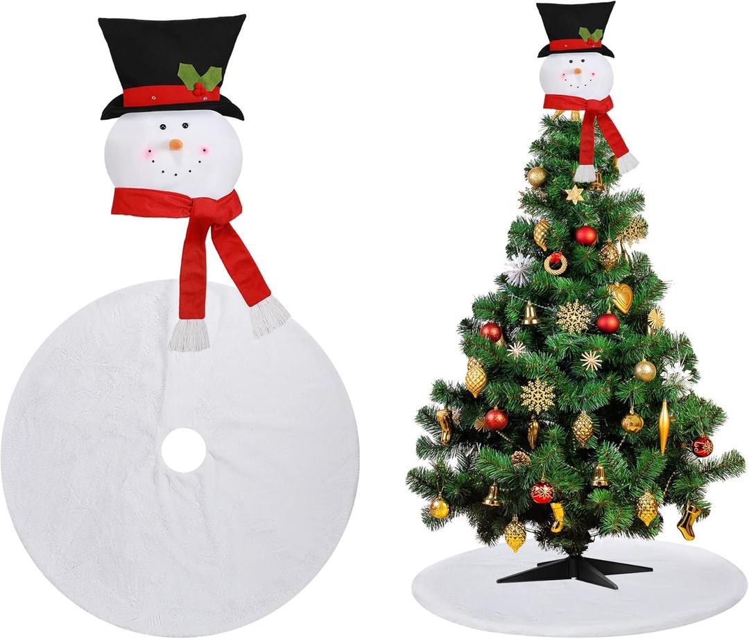 Christmas Snowman Tree Topper and Plush Tree Skirt - 36 Inches Faux Fur White Tree Skirt Snowman Treetop Decor for Holiday Winter Party Supplies