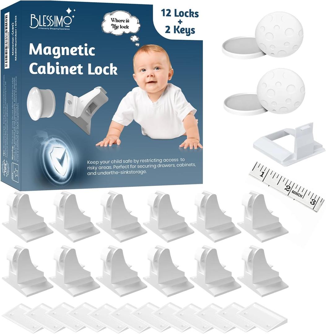 Blessimo 12 Pack Magnetic Cabinet Locks Baby Proofing with 12 locks and 2 Keys - Child Locks For Kitchen, Cabinets and Drawers - 3M Adhesive Easy Installation (White)