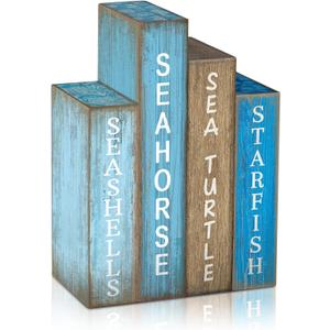 Lineshading 4 Pcs Summer Table Decoration Wooden Book Coastal Beach Decoration Blue and White Summer Tiered Tray Decor Wood Book Sign Farmhouse for Ocean Party Home Shelf Coffee Table
