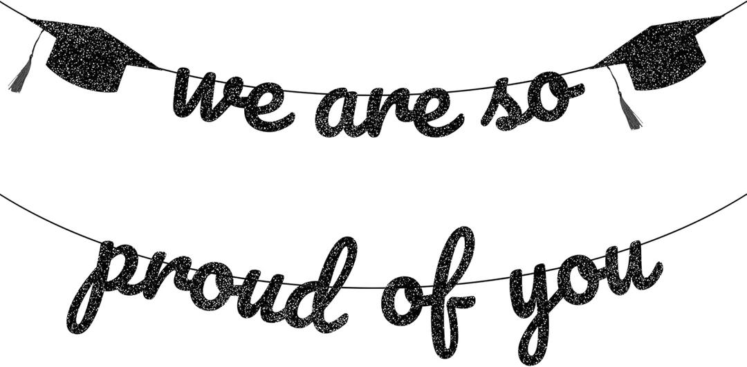 3 x 4E's Novelty 2026 Graduation Banner Black Glitter We Are So Proud of You Banner for High School and College Graduation Decorations, Pre-Assembled Grad Party Decorations 2026