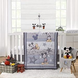 NOJO Disney Mighty Mickey Mouse Grey, White and Blue Stars, Stripes and Icons 3 Piece Nursery Crib Bedding Set - Comforter, Fitted Crib Sheet and Crib Skirt