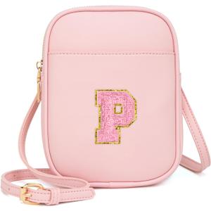 Toddler Purse Initial Crossbody Bags for Girls 3 Pockets PU Leather Cross Body Bag Crossbody Purse Handbag Personalized Preppy Teen Girl Gifts Trendy Stuff (Light Pink P)