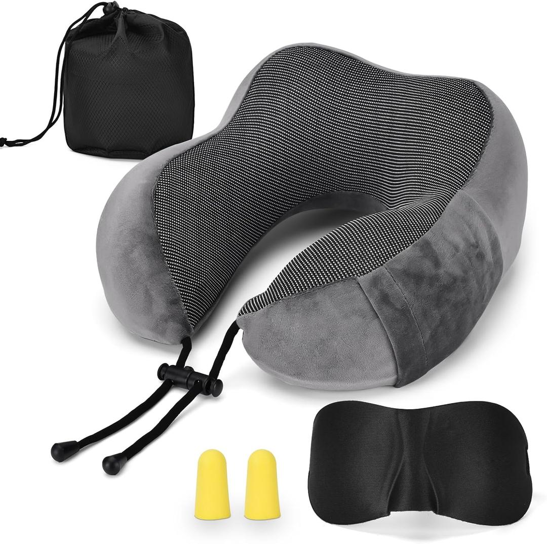 ATOMUS Neck Pillow Set with Eye Mask & Earplugs - Memory Foam Travel Pillow, Adjustable Strap, Removable Cover, 360° Support for Airplane, Office, Home