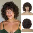 Baruisi Short Curly Wavy Brown Wig with Bangs Synthetic Natural Women Bob Wig Halloween Cosplay Party Hair Wig
