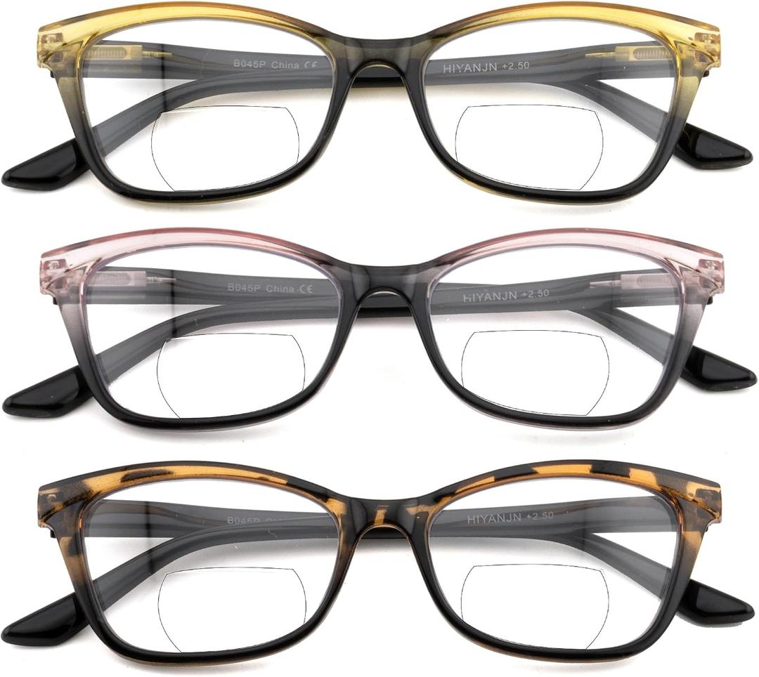 HIYANJN Bifocal Reading Glasses for Women,3 Pack Clear Top Readers with Spring Hinges, Stylish Gradient Small Cat Eye Frame 2.0x