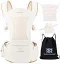 Bebamour Baby Carrier Safety-Certified Hip Seat Baby Carrier Newborn to Toddler Baby Hipseat 0-36Months with Head Hood, 3 PCS Teething Pads, Waist Extender & Storage Bag (New Khaki)