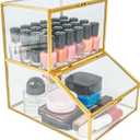 Gold Glass Makeup Organizer,2 Tier Bathroom Organizers and Storage Bin for Cosmetic Perfume Nail Polish,Clear Make Up Organizers for Vanity Bathroom Cabinet Kitchen Under Sink