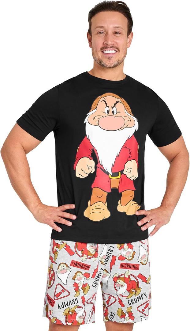 Disney Grumpy Pajamas for Men Short PJs Set Lounge Set Funny Dad Sleepwear (Large, Black/Grey)