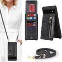 for Google Pixel 6 Case with Card Holder for Women,for Pixel 6 Phone Case Wallet with Strap Credit Card Slots Crossbody with Kickstand Zipper Case for Pixel 6 - Black Leopard