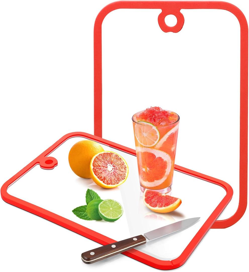 Glass Cutting Board,2Pcs Durable Clear Non Toxic Tempered Glass Cutting Board for Kitchen,Chopping Board Set with Non-Slip Silicone Edge & Hanging Hole,BPA-Free,Dishwasher Safe,Heat Proof