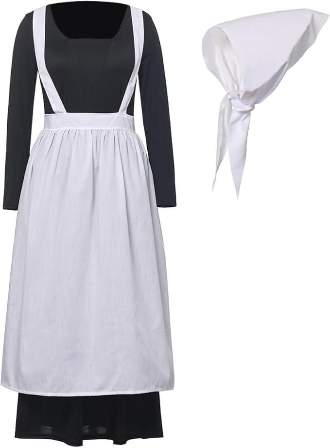 BPURB Women Pioneer Colonial Dress Pilgrim Costume Civil War Dress Victorian Maid Peasant Costume with Apron (Large)