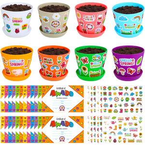 Domensi 30 Pack Garden Pot Craft Kit 4 Inch DIY Hello Spring Crafts for Kids Bulk Plastic Flower Plant Pot Plastic Planter with Tray Drainage Holes with Tag, Certificate of Award, Sticker