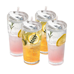 220 oz Glass Tumbler with Lid and Straw, 4 Pack Clear Ribbed Iced Coffee Cup, High Borosilicate Glass Tumbler, Reusable Vintage Glassware for Iced Coffee, Smoothies, Cocktails, and Juices (Pattern)