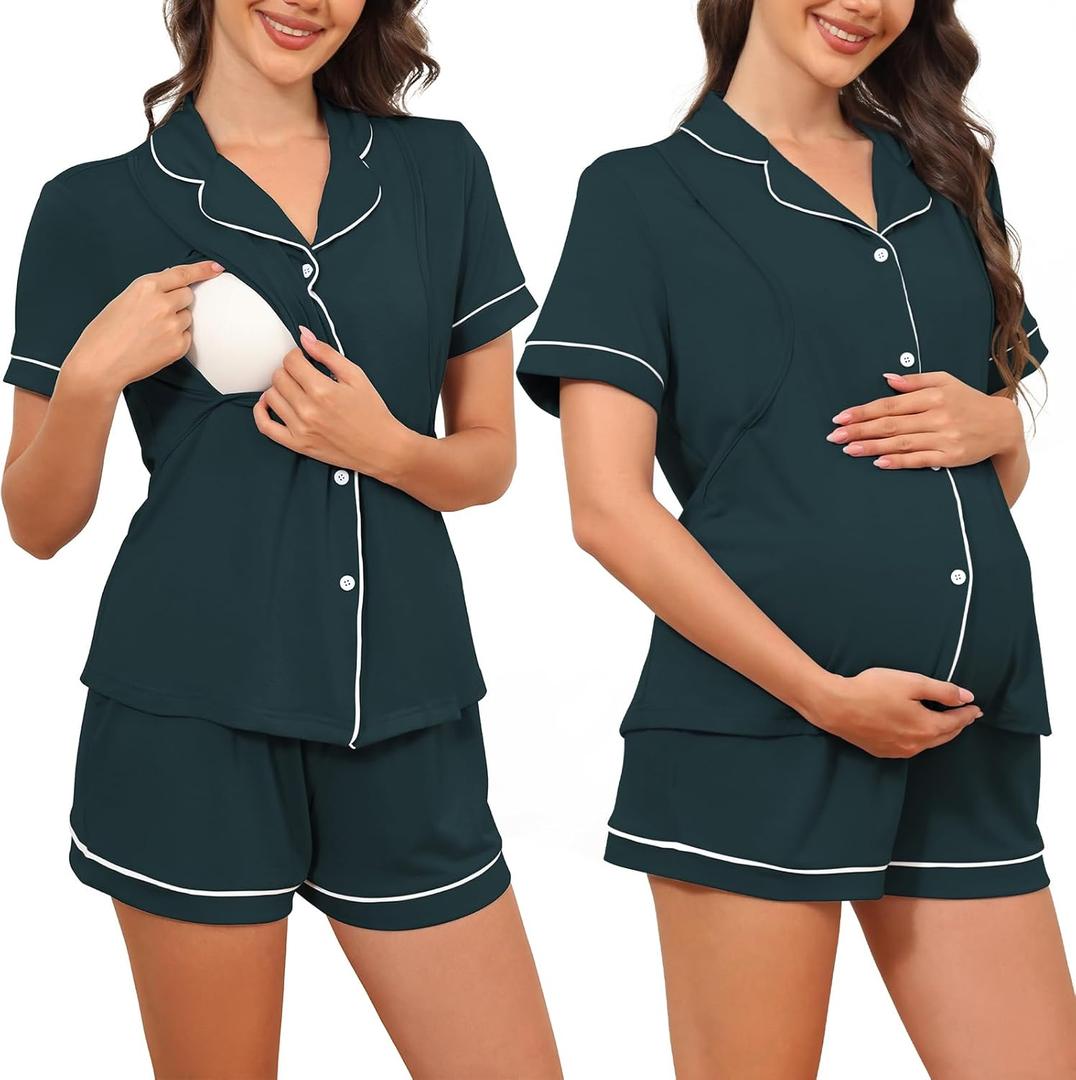Maternity Nursing Pajamas Button Down Postpartum Lounge Sets for Women Pregnancy Breastfeeding Pjs (XX-Large, Navy)