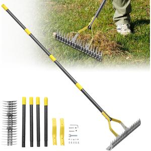 Thatch Rake, 55 inch Heavy Duty Dethatcher Rake Adjustable Dethatching for Loosening Soil Gathering for Leaves Leveling Lawn Farming Land Cleaning Dead Grass Yard Garden