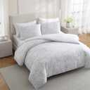 Vera Wang - Queen Comforter Set, Reversible Floral Bedding with a Naturally Soft Feel, 3 Piece Bed Set with Matching Pillowcases (Nebulous Flower/Etched Stripe Grey)