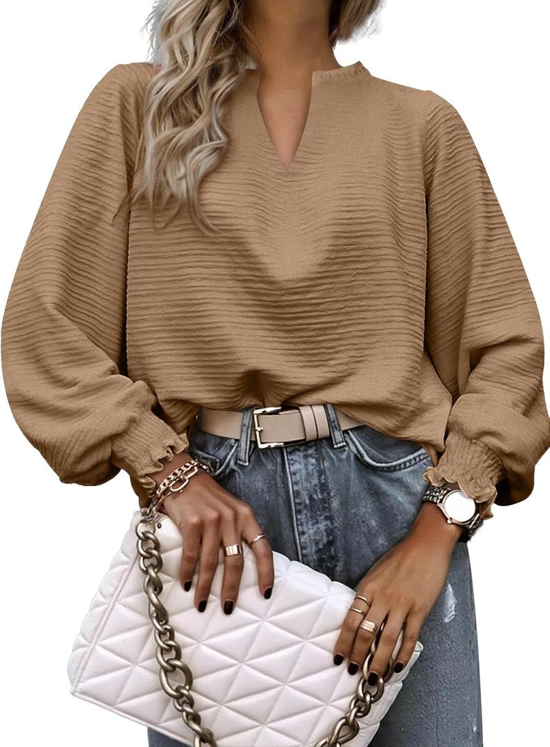 Womens Tops Dressy Casual Long Sleeve Shirts Loose V Neck Business Work Tunic Blouses (Beige, S)
