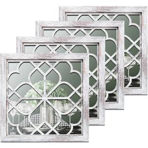 Tatuo 4 Pcs Mirrors Square Wall Mirror, Gorgeous Rustic Farmhouse Accent Mirror, Rustic for Bathroom Renovation Bedrooms Living Rooms, 12 x 12 Inch(Elegant White)