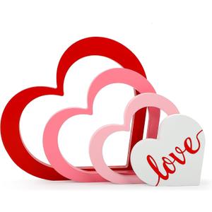 COCHIE Wooden Hearts Valentine's Day Decorations Indoor, Wood Heart Blocks Tiered Tray Decor Set of 4, Red Pink White Valentine Decoration for Table Desk Home Party Office Shelf Door (Solid Color)