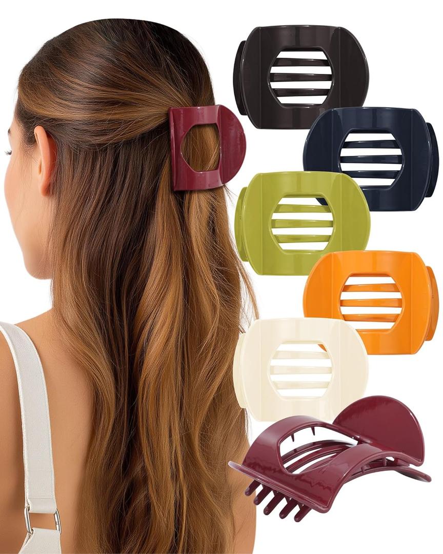 AWAYTR 6Pcs Flat Hair Clips for Women Strong Grip Curved Claw Clip for Thin Hair Non-slip Plastic Hair Barrettes (Navy Blue + Burgundy + Black + Orange + Beige + Army Green)