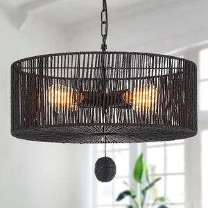 Drum Rattan Chandelier Light Fixture, Vintage Farmhouse 4-Lights Black Hand Woven Bamboo Chandelier, Rustic 19.7" for Dining Room, Bedroom, Kitchen
