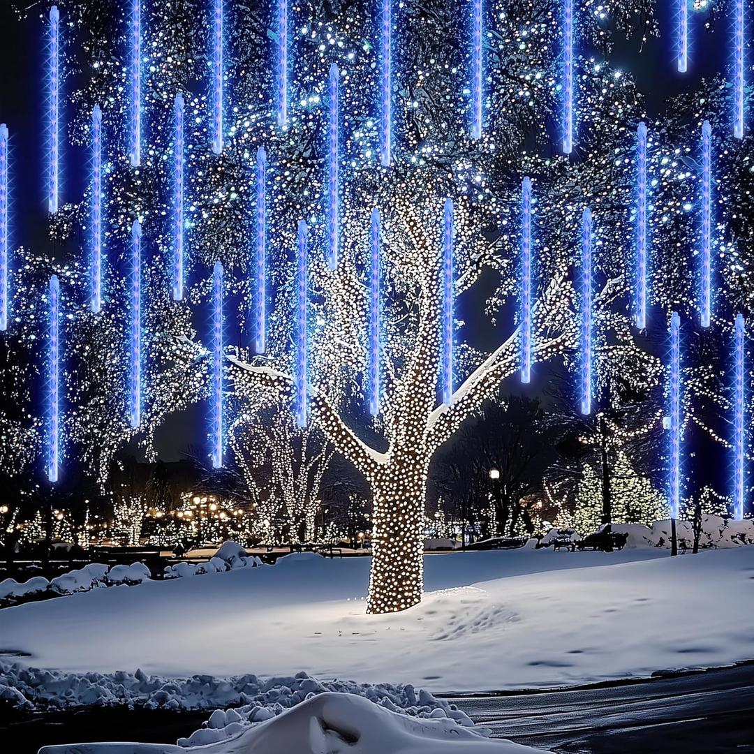 FUNPENY Meteor Shower Rain Lights, 864 LED Christmas Lights Icicle Snow Falling Christmas Lights Outdoor Raindrop Lights, 30cm 24 Tubes Xmas Tree Holiday Decoration (Blue)