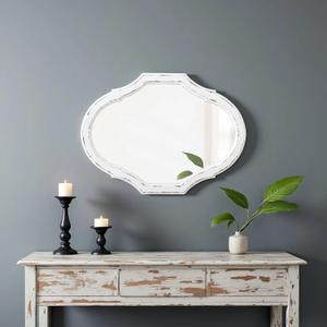 Vintage Oval Bathroom Mirror 22 X 30 Inch, Hanging Distressed White Rustic Scalloped Decorative Wall Mirrors, Unique Wood Mirrors for Wall Decor Living Room Entryway, Horizontal or Vertical