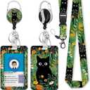 Black Cat Flower Lanyards for Id Badges, Id Badge Holder Heavy Duty and Retractable Keychain, Cute Badge Reel with 360 Degrees Rotate Carabiner Clip, Women Student Daily Office