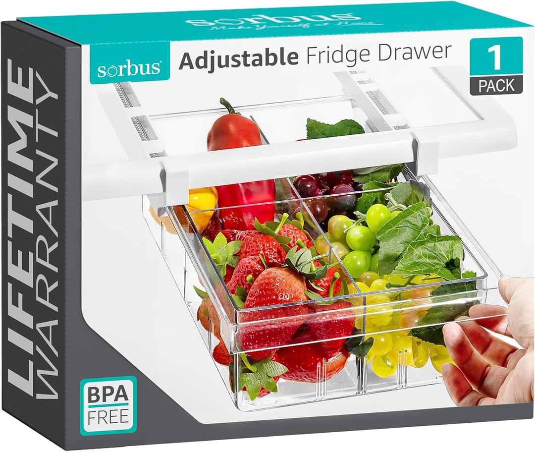 Sorbus Pull Out Fridge Drawer Organizer, for 0.6 Inch Thick Shelf, Adjustable Plastic Bathroom Organizer, 12-17 Inches, Refrigerator Storage Bin, Kitchen & Bathroom Storage (1 Pack)
