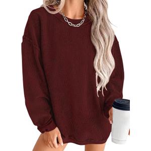 KISSMODA Women's Casual Long Sleeve Sweatshirt Color Block/Solid Crewneck Corduroy Pullover Cute Tops (Medium, A Wine Red)