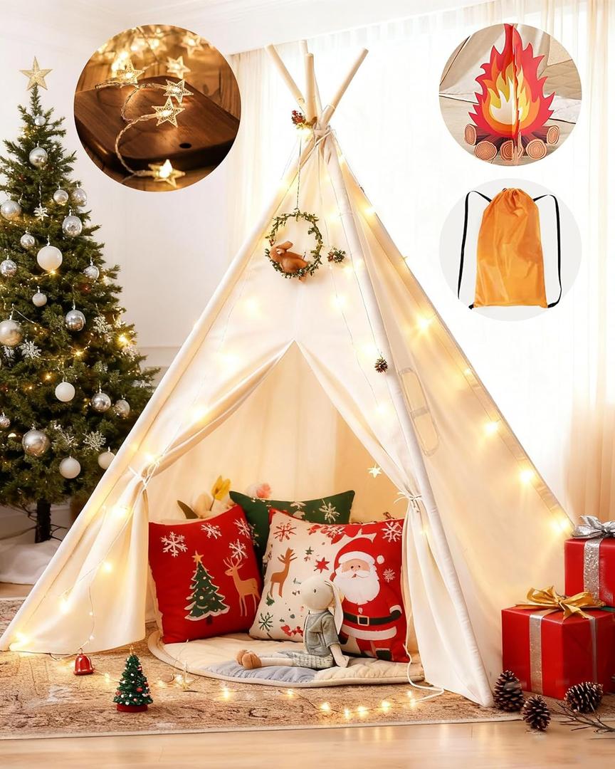 Tiny Land Teepee Tent for Kids with Star Lights, Foldable Play Tent for Girls & Boys, Washable Indoor Toddler Tent, Cozy Warm Reading Nook & Room Decor