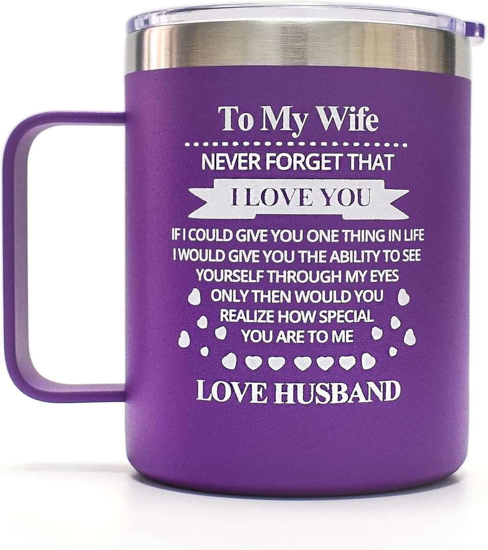 Engraved Gifts for Wife, Wife Birthday Gift Ideas 14 OZ Purple Insulated Coffee Mug/Tumbler with Lid and Straw I LOVE YOU Anniversary Birthday Gifts for Wife from Husband