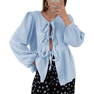 Tankaneo Womens Bow Tie Front Tops Babydoll Puff Long Sleeve Blouse Y2k Cotton Shirt Size M
