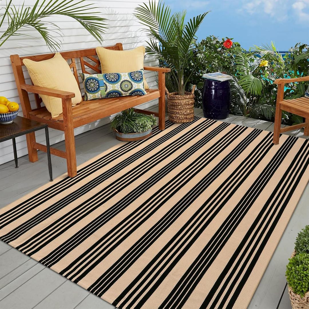OJIA Outdoor Patio Rug 5'x7', Black and Tan Striped Outdoor Rugs Machine Washable Area Rugs Cotton Hand Woven Indoor Outdoor Rugs for Bedroom/Living Room/Front Porch/Deck/Backyard/Camping