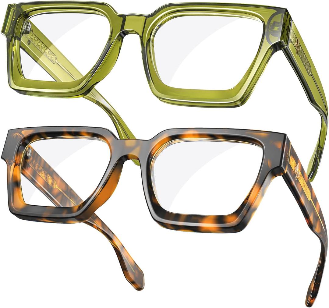 VISOONE 2 Pack Blue Light Blocking Glasses Rectangle Frame and Chic Preppy Look for Women Men RIVER (Coco Tortoise +Olive Green)