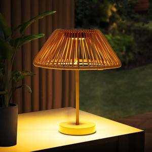 Outdoor Solar Table Lamp for Patio - Large Brightness Handmade Imitation Rattan Lamps Waterproof Cordless with 6 LED Lights Boho Table Lantern for Desk Garden Balcony Yard Room Decoration Gifts Mom