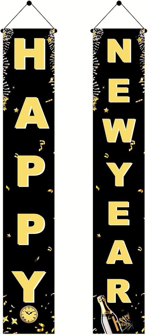 2026 Happy New Year Door Banner Set 71 X 12 Inch Black Gold New Year Party Decorations New Years Eve Party Supplies 2026 for Festive NYE Theme Decor Outdoor Indoor Front Door Porch Sign